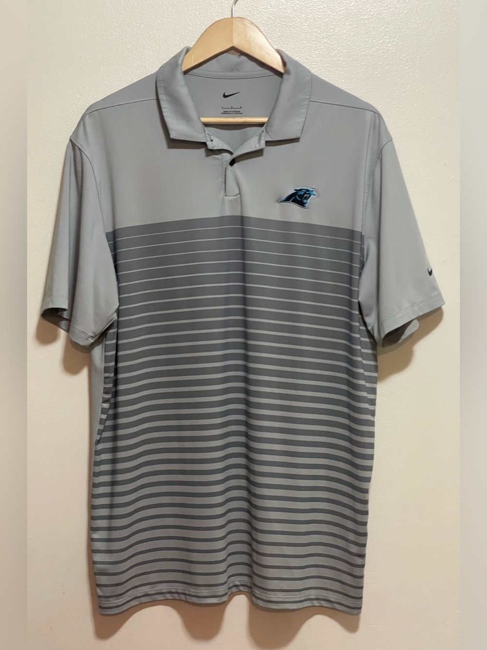 Nike Gray Striped Carolina Panthers Polo with Teal Logo